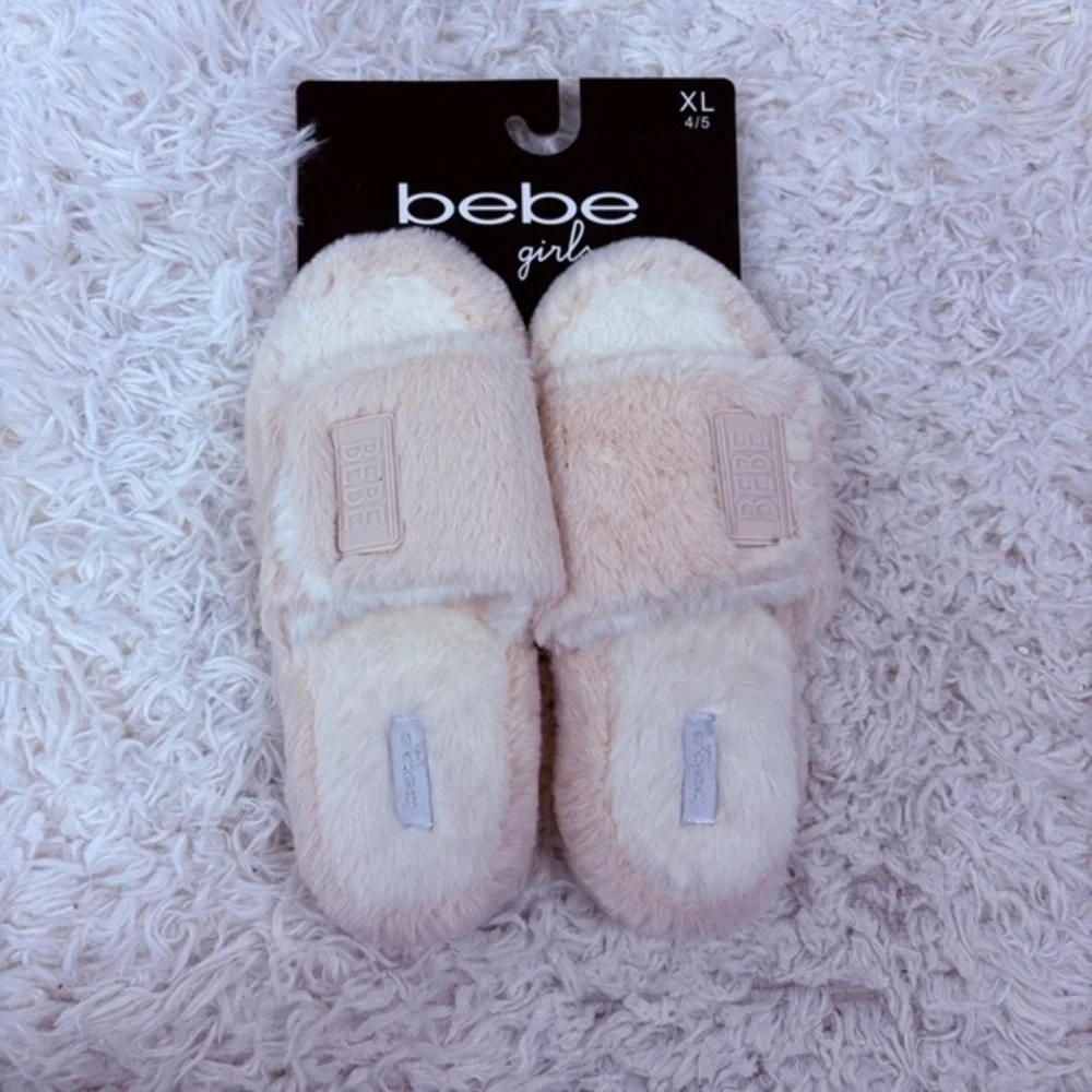 NWT Bebe Girl Plush fuzzy pink & white comfy slide Slippers size 4.5 & 2.5